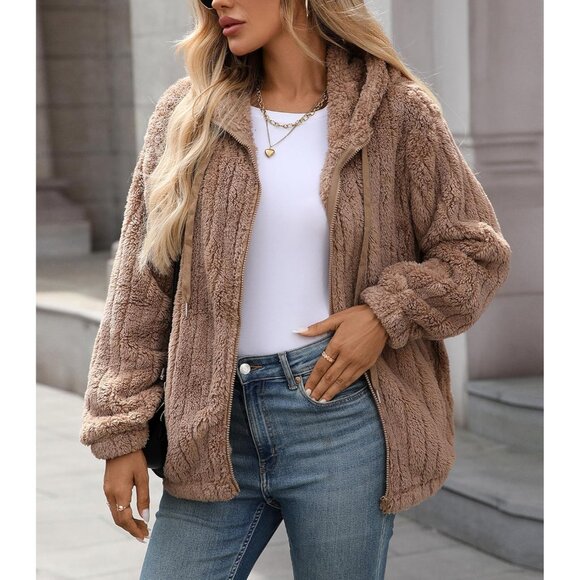 Womens Fleece Jacket Fall Winter Full Zip Sherpa Coat with Hood S-5XL - Picture 3 of 6